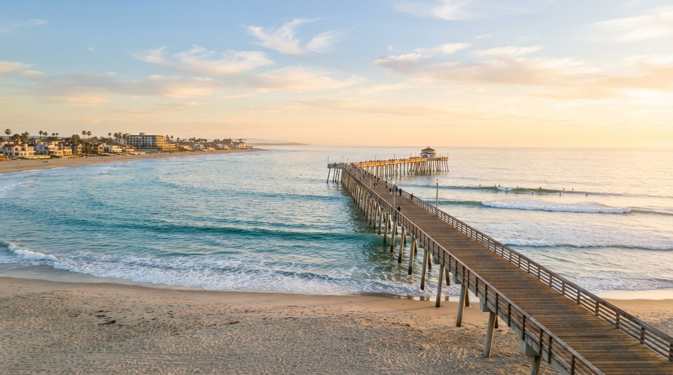Huntington Beach Pier at golden hour over the Pacific Ocean