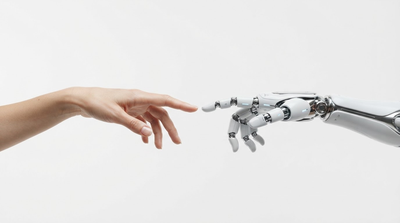 Human hand and robotic hand reaching toward one another — collaboration between people and AI
