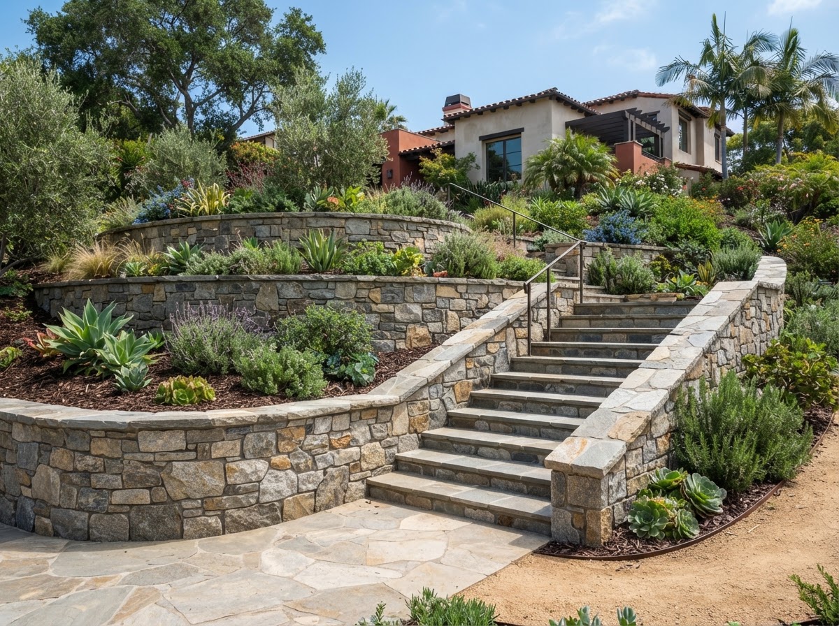 Newly built stone retaining wall with terraced landscaping in a Southern California front yard