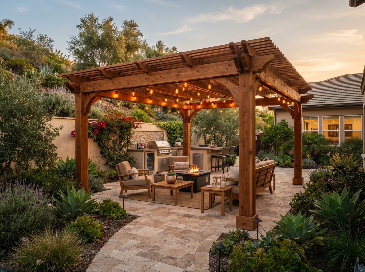 Custom wooden pergola over a paver patio in a Southern California backyard
