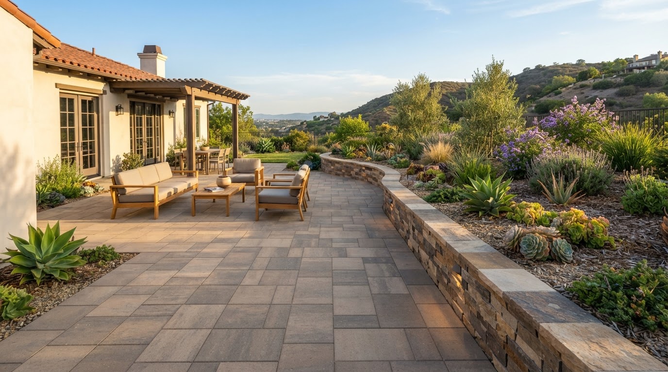 Finished paver patio installation with a low retaining wall in a Southern California backyard