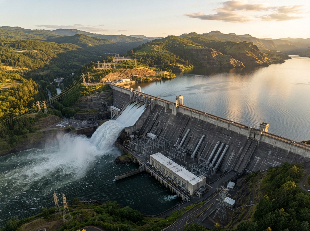 Hydroelectric dam with water spilling from the spillway, representing renewable energy certificate trading