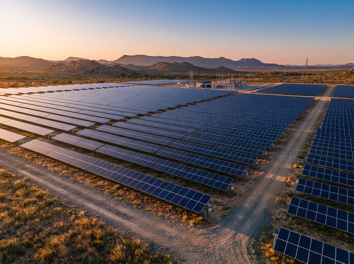 Ground-mounted solar photovoltaic farm in South Africa at golden hour