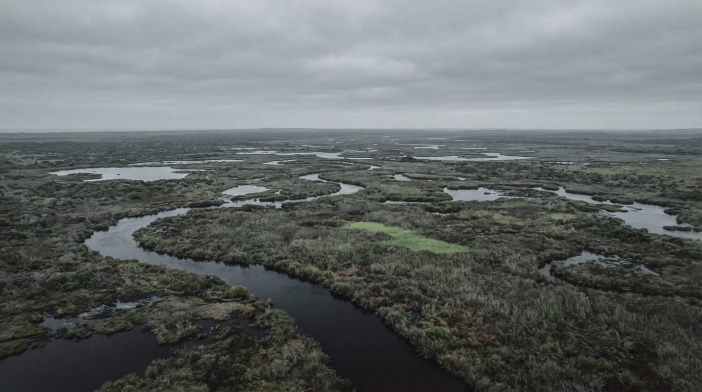 Aerial view of South African wetland system at overcast dawn
