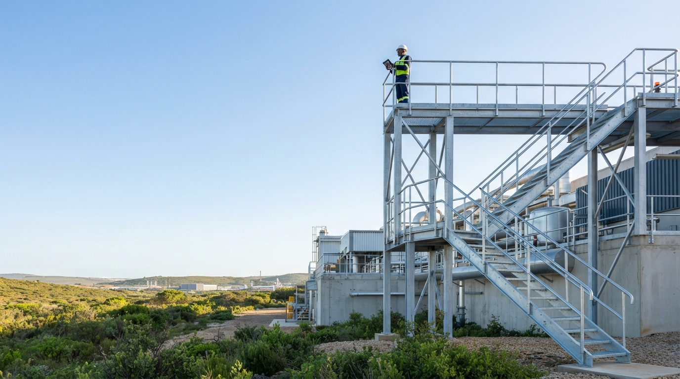 Engineer on a plant access platform taking readings at an emissions monitoring point