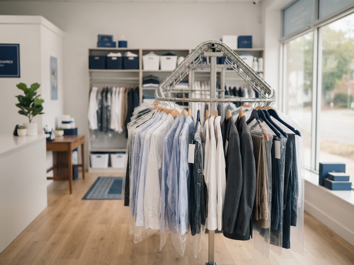 A clean, organized garment rail with freshly pressed shirts and suits at a dry-cleaning business.