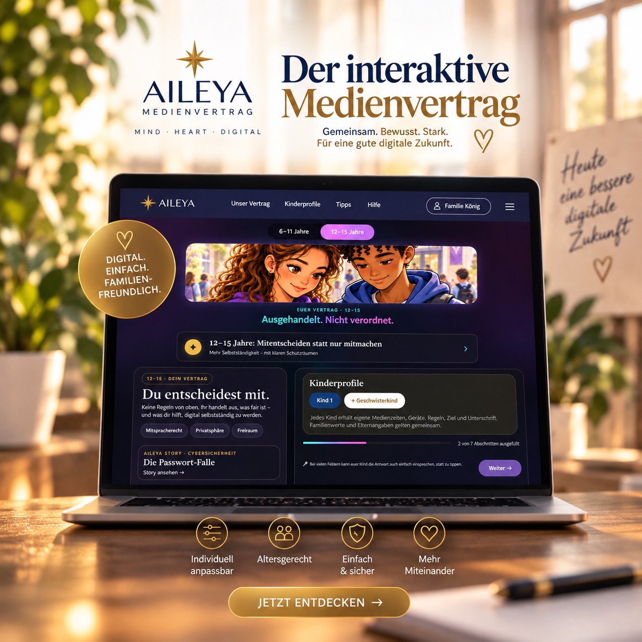 Eltern und Kind betrachten gemeinsam einen Tablet-Bildschirm an einem hellen Küchentisch