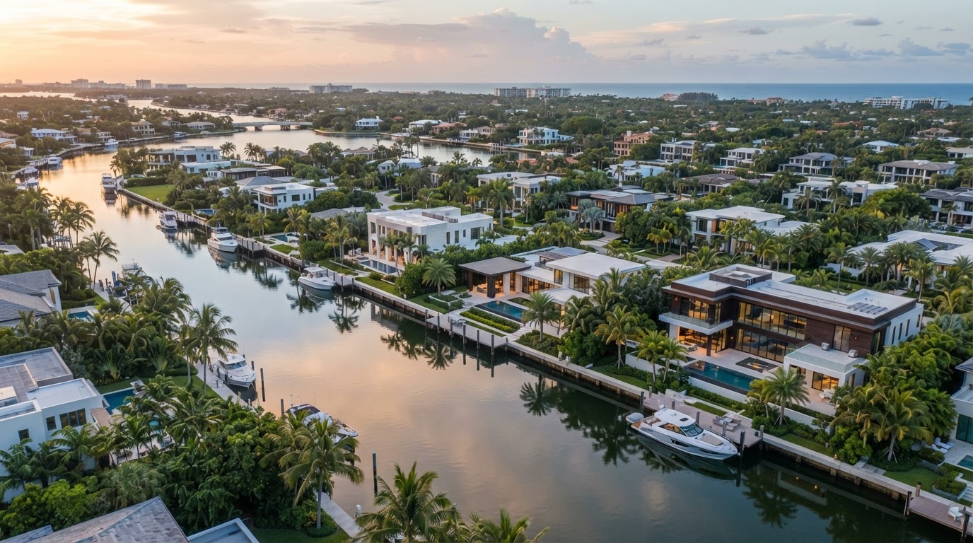 Aerial view of South Florida waterfront homes lining a palm-shaded canal at golden hour
