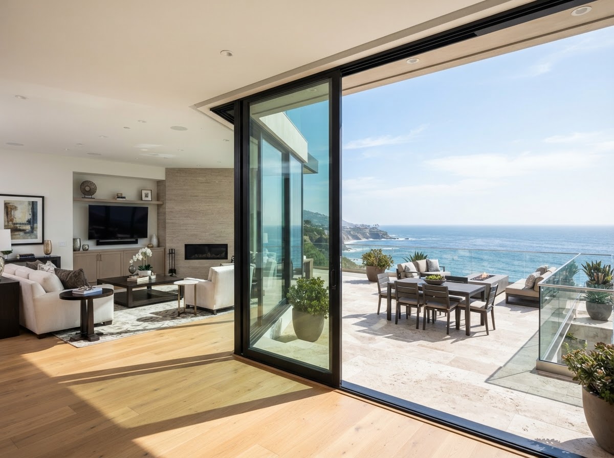 Contemporary home with large aluminum sliding doors