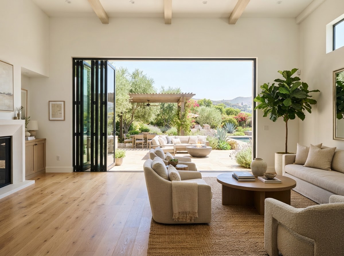 Folding glass doors connecting a home to the patio