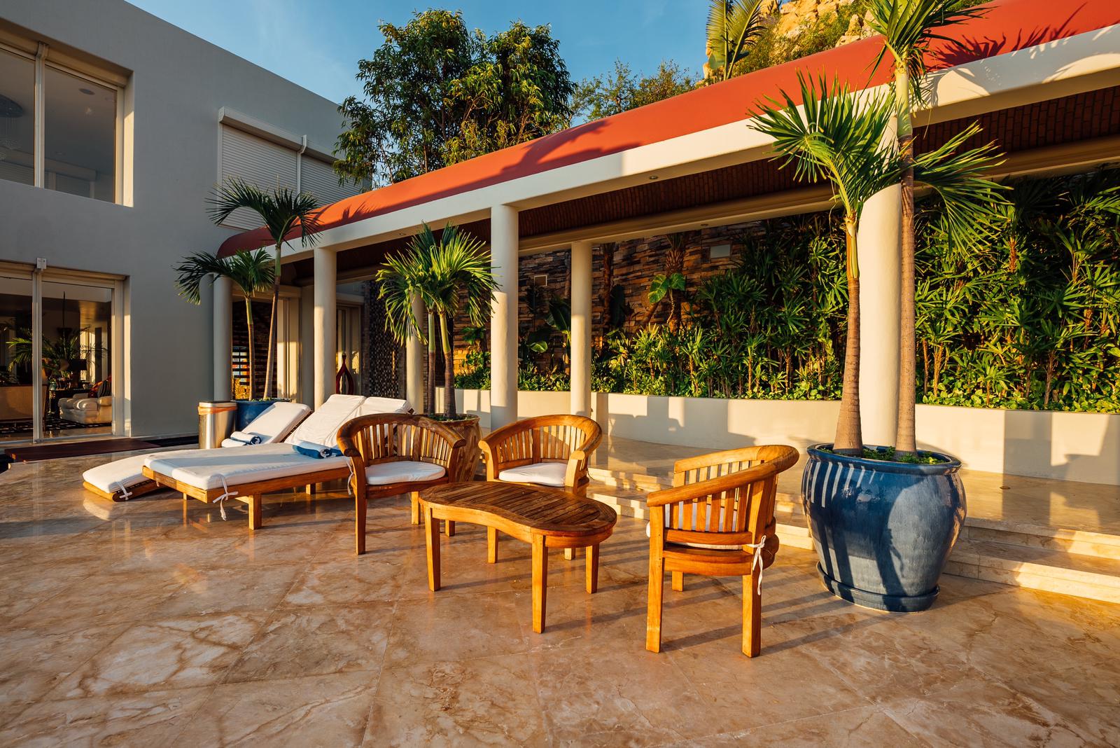 Covered Teak Lounge Veranda, Tropical Palms & Travertine Terrace