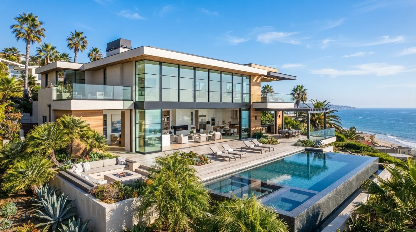 Contemporary Southern California coastal home with large replacement windows and ocean view