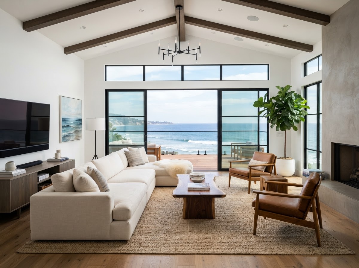Modern Black-Frame Living Room — Coastal home, Costa Mesa