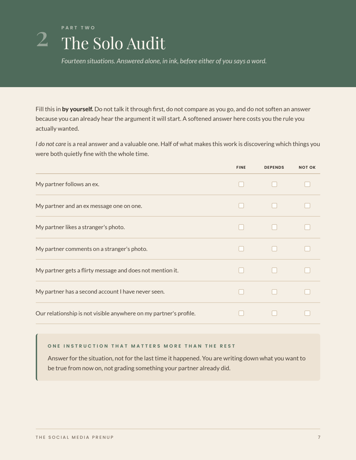 The Solo Audit page inside The Social Media Prenup