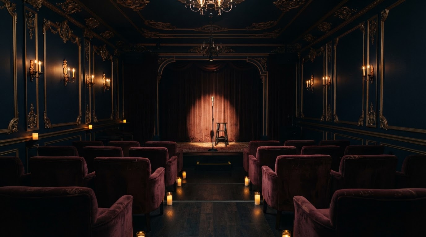 An intimate velvet-draped lounge with a single warm gold spotlight on a small stage before the show