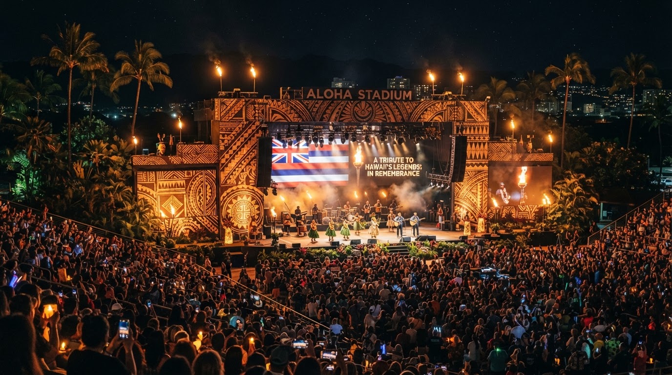 Aloha Stadium concert stage lit at night with Polynesian torches