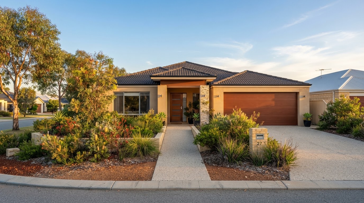 A modern Ellenbrook home with native WA garden at golden hour