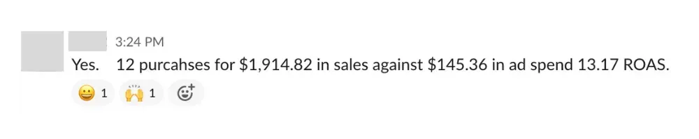 Live message: 12 purchases for $1,914.82 in sales against $145.36 in ad spend - 13.17 ROAS