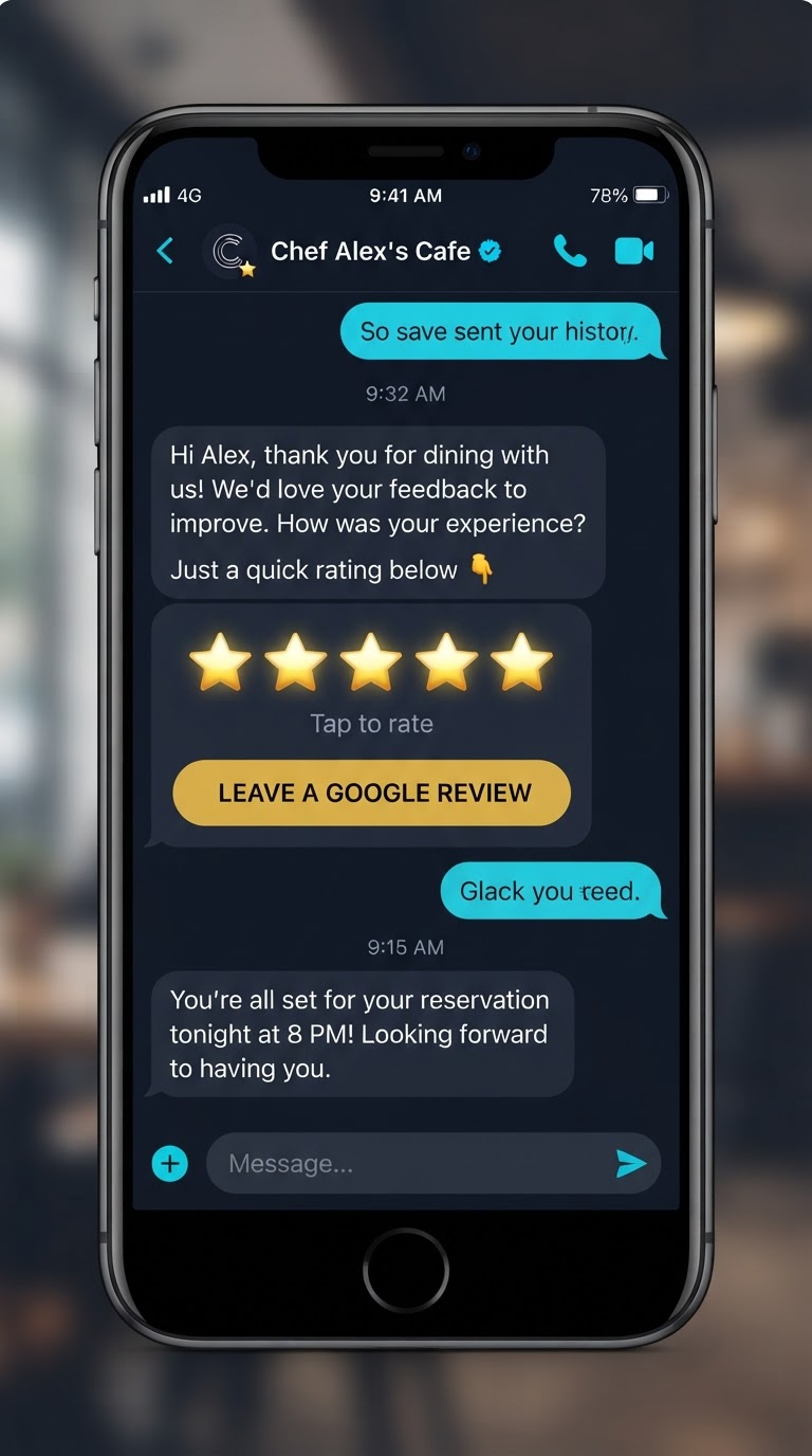 Smartphone showing an automated SMS review request with a 1-click Google review link
