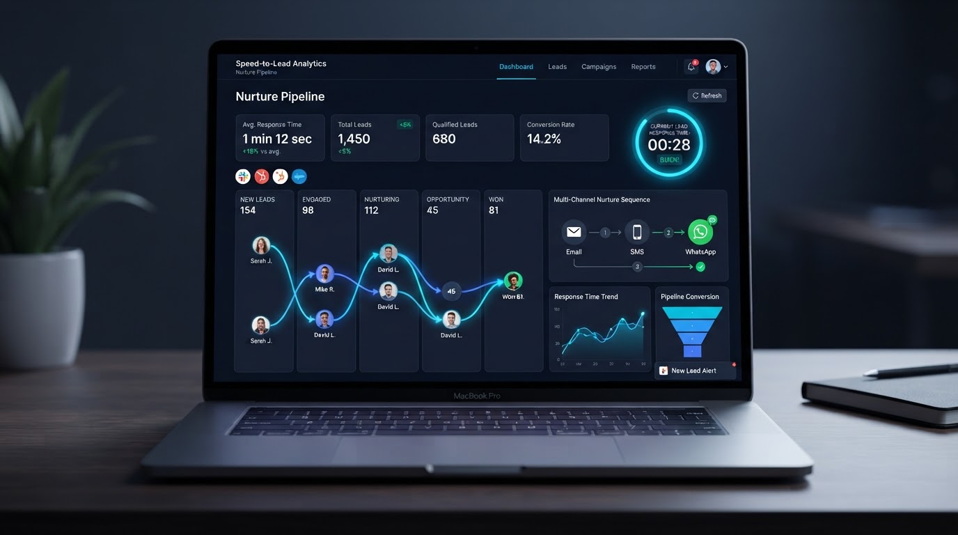 Multi-channel nurture sequence dashboard showing SMS, email, and voicemail touchpoints