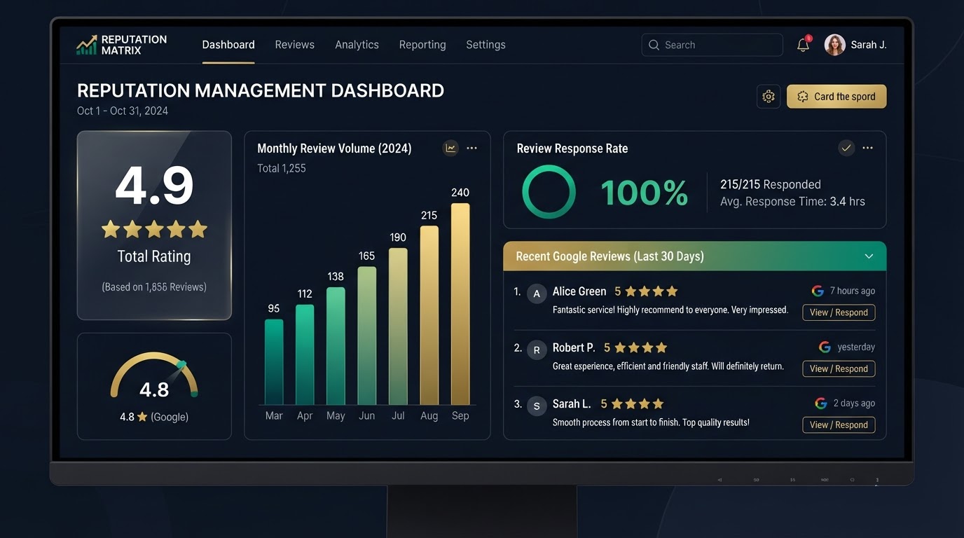 AI review response dashboard showing 100% response rate across Google and Facebook