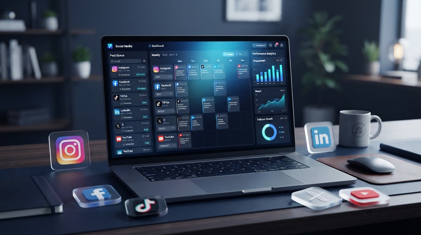 Social media scheduling dashboard on a laptop showing a weekly content calendar
