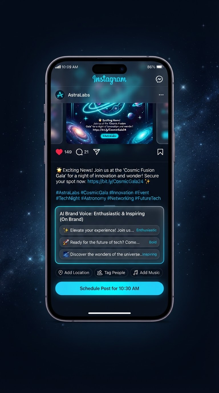 Smartphone showing an AI brand voice caption generator for social media