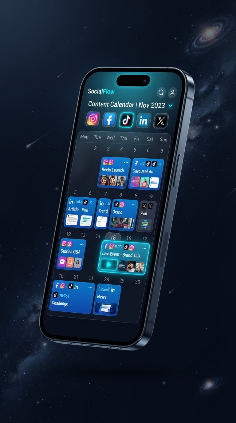 Smartphone showing a social media content planning calendar app
