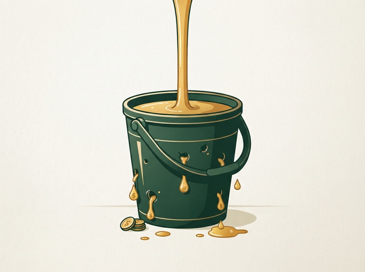 A bucket being filled with golden revenue but leaking through holes along the sides — the operations leak metaphor