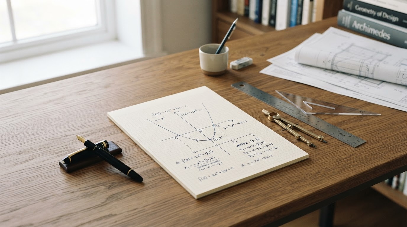 Precision mathematical geometry, quadratic curves and analytical drafting tools on desk