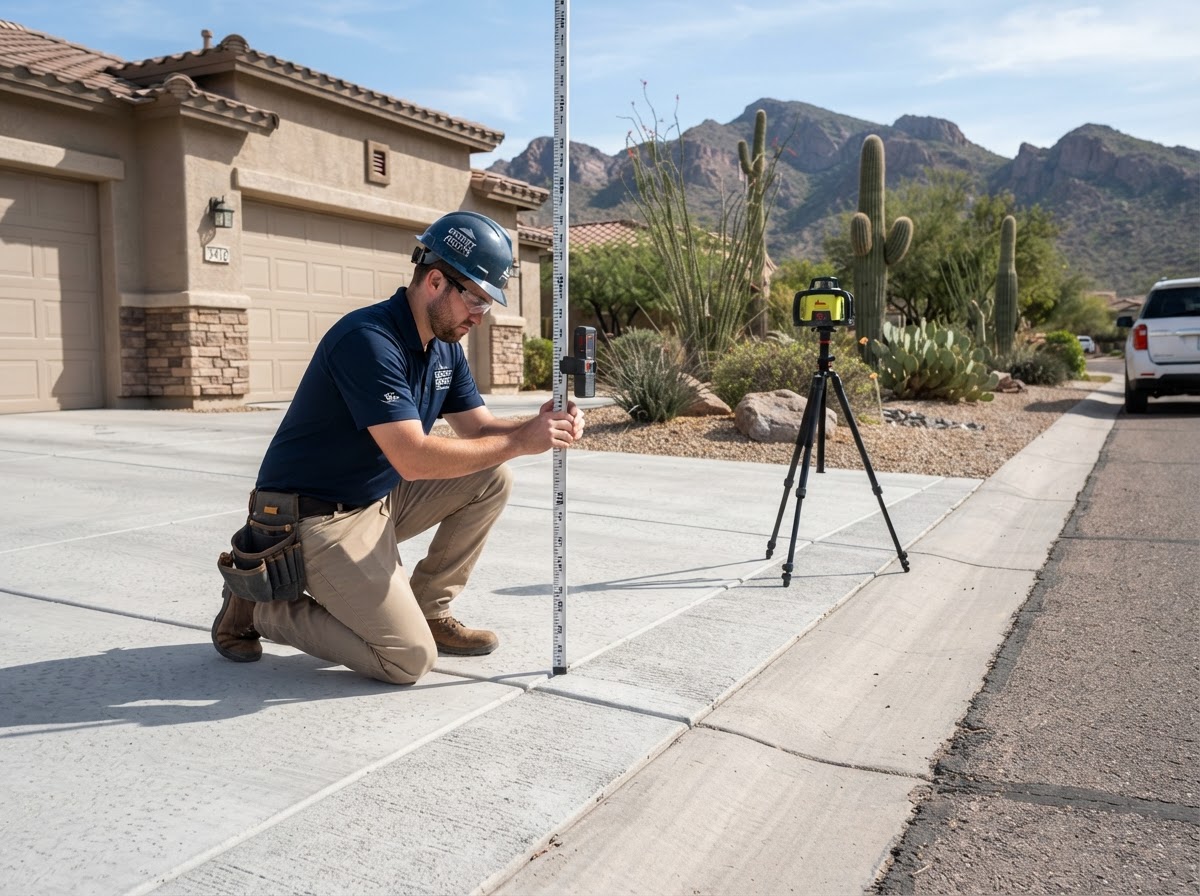 Concrete leveling technician assessing a settled driveway at a newer San Tan Valley suburban home