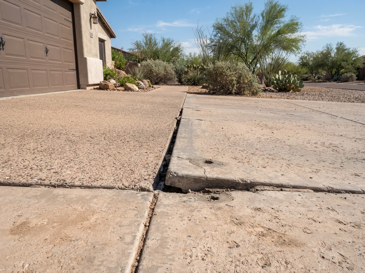 Settled concrete driveway panels with a height offset at the expansion joint