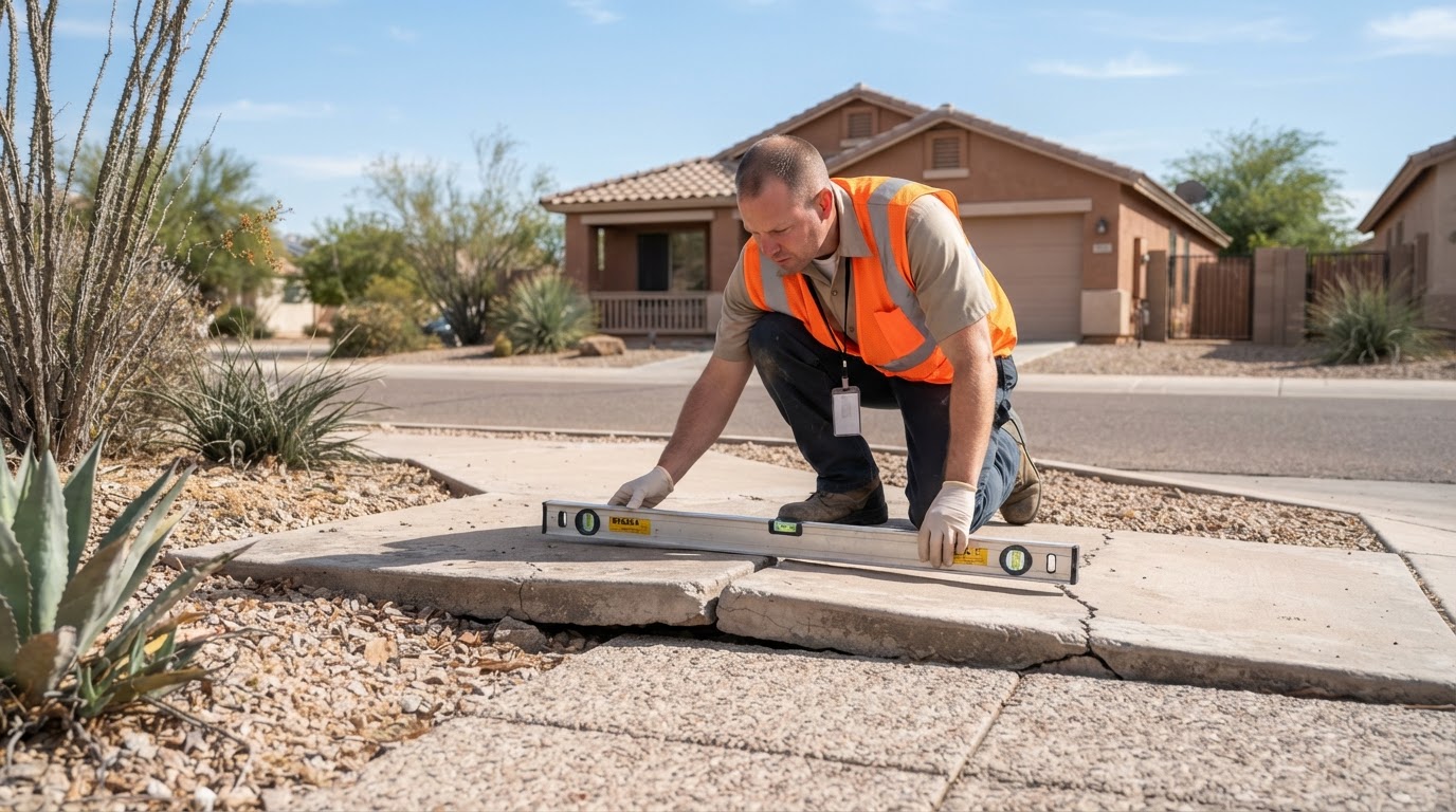 Concrete leveling technician inspecting uneven sidewalk slab elevation in an Arizona residential setting