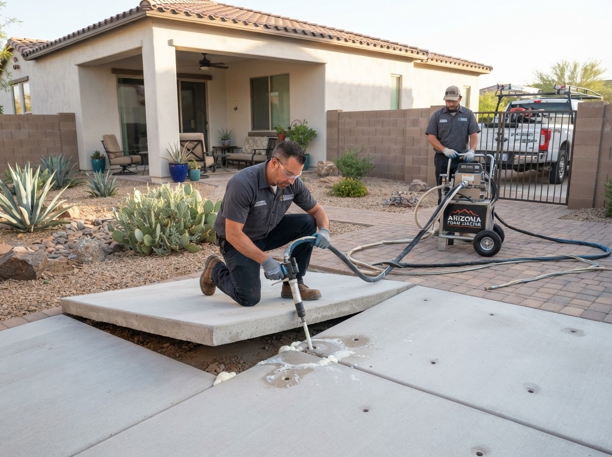 Polyurethane foam leveling work on a settled backyard patio slab at a newer San Tan Valley home