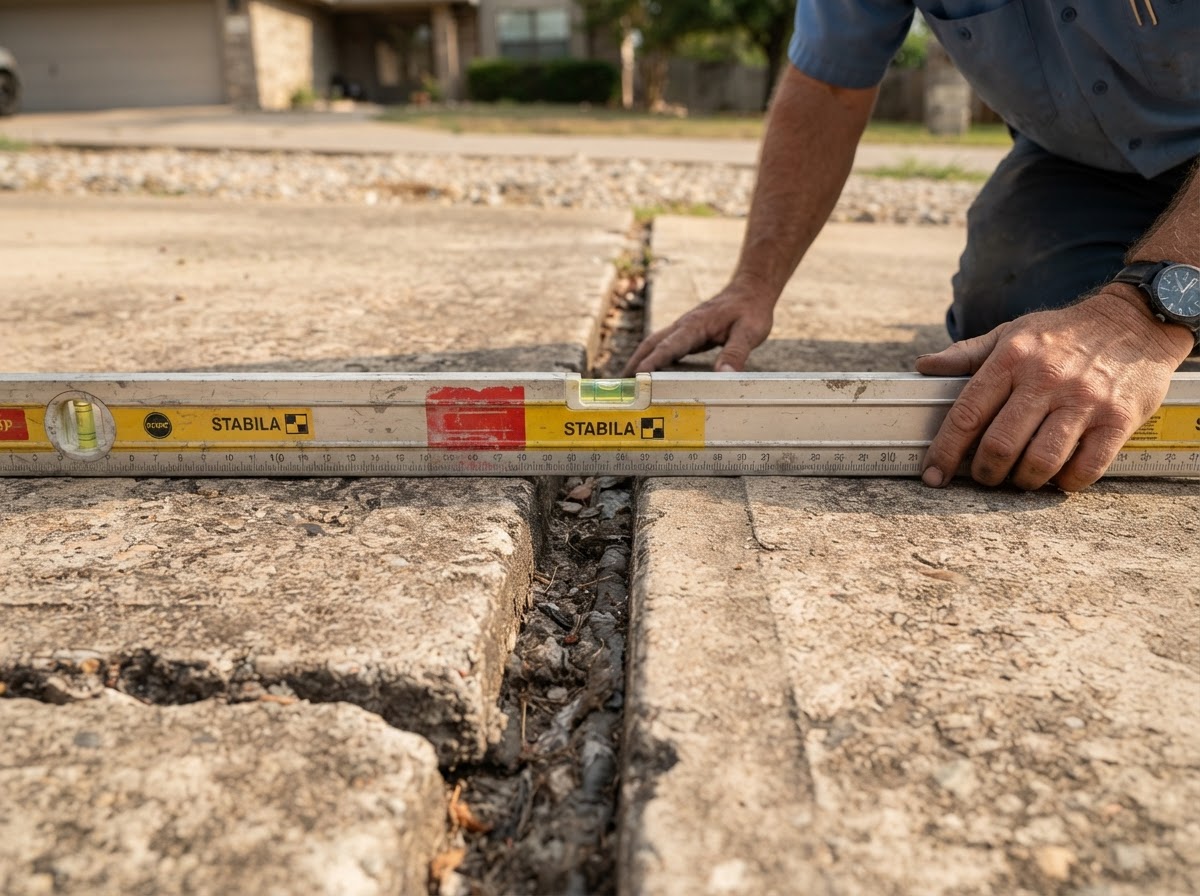Technician measuring driveway panel elevation and checking for voids beneath the slab