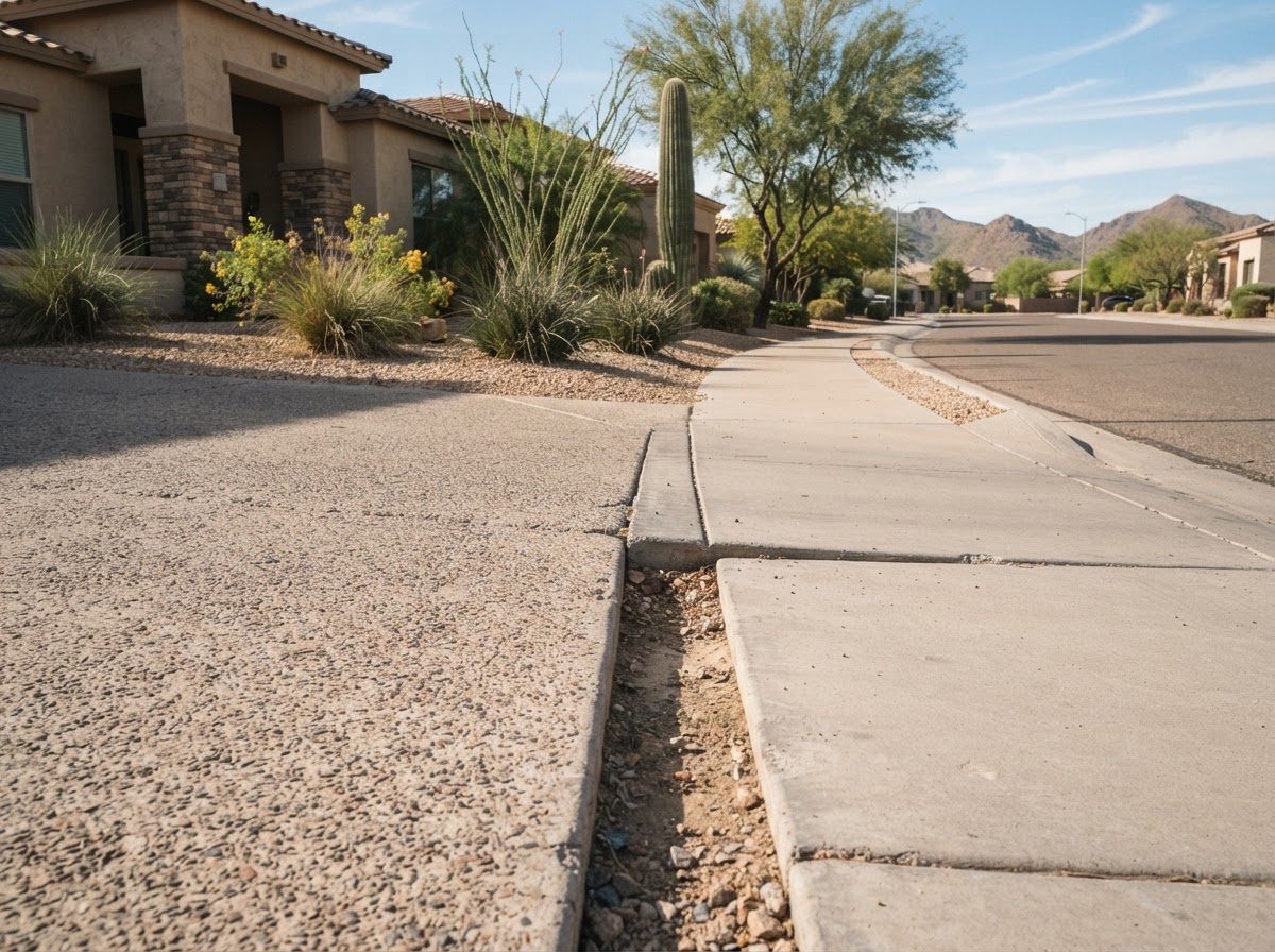 Driveway-to-sidewalk concrete transition with a modest height offset between the two surfaces