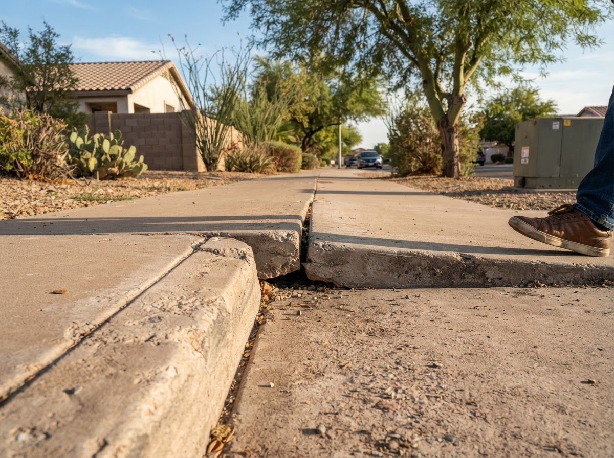 Settled sidewalk panel in a Mesa established neighborhood showing an uneven vertical transition