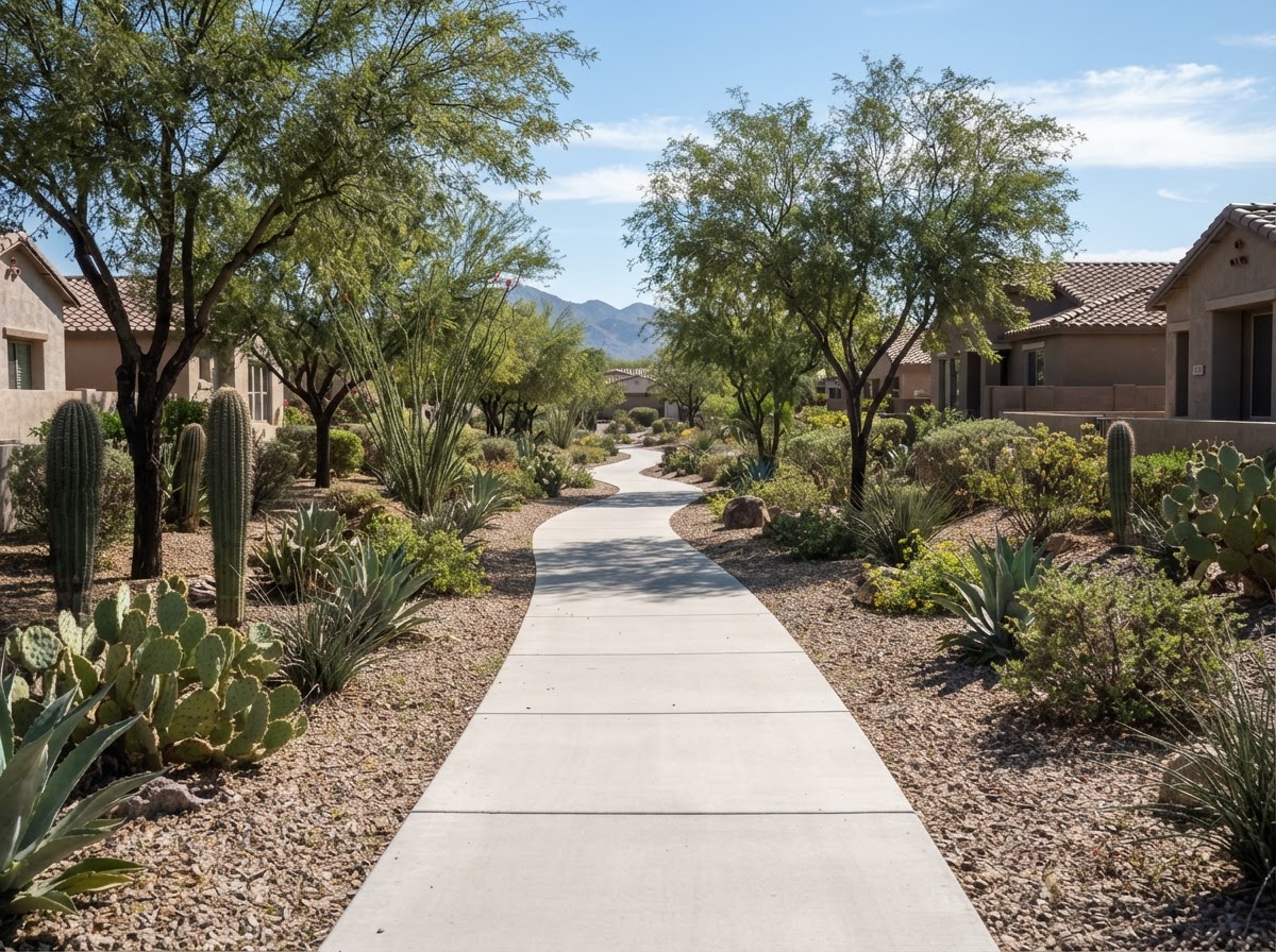 HOA common-area pedestrian walkway with evenly spaced sidewalk panels in a landscaped area
