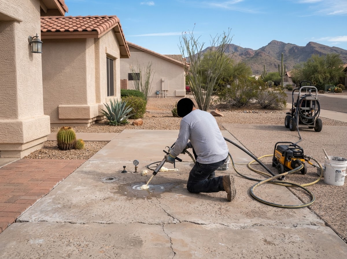 Concrete lifting and leveling work on a settled residential slab in San Tan Valley