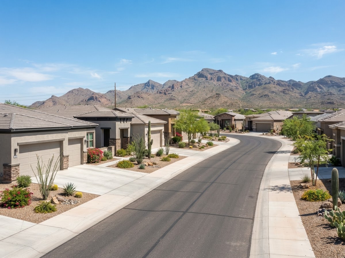 San Tan Valley residential streetscape with concrete driveways and sidewalks in a newer suburban development