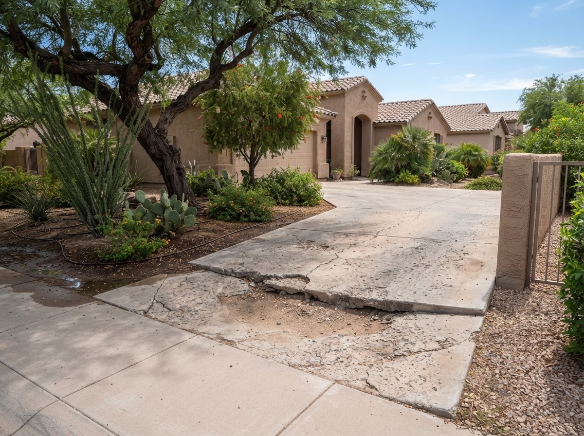 Older driveway panel with long-term settlement near mature landscaping in Sun Lakes