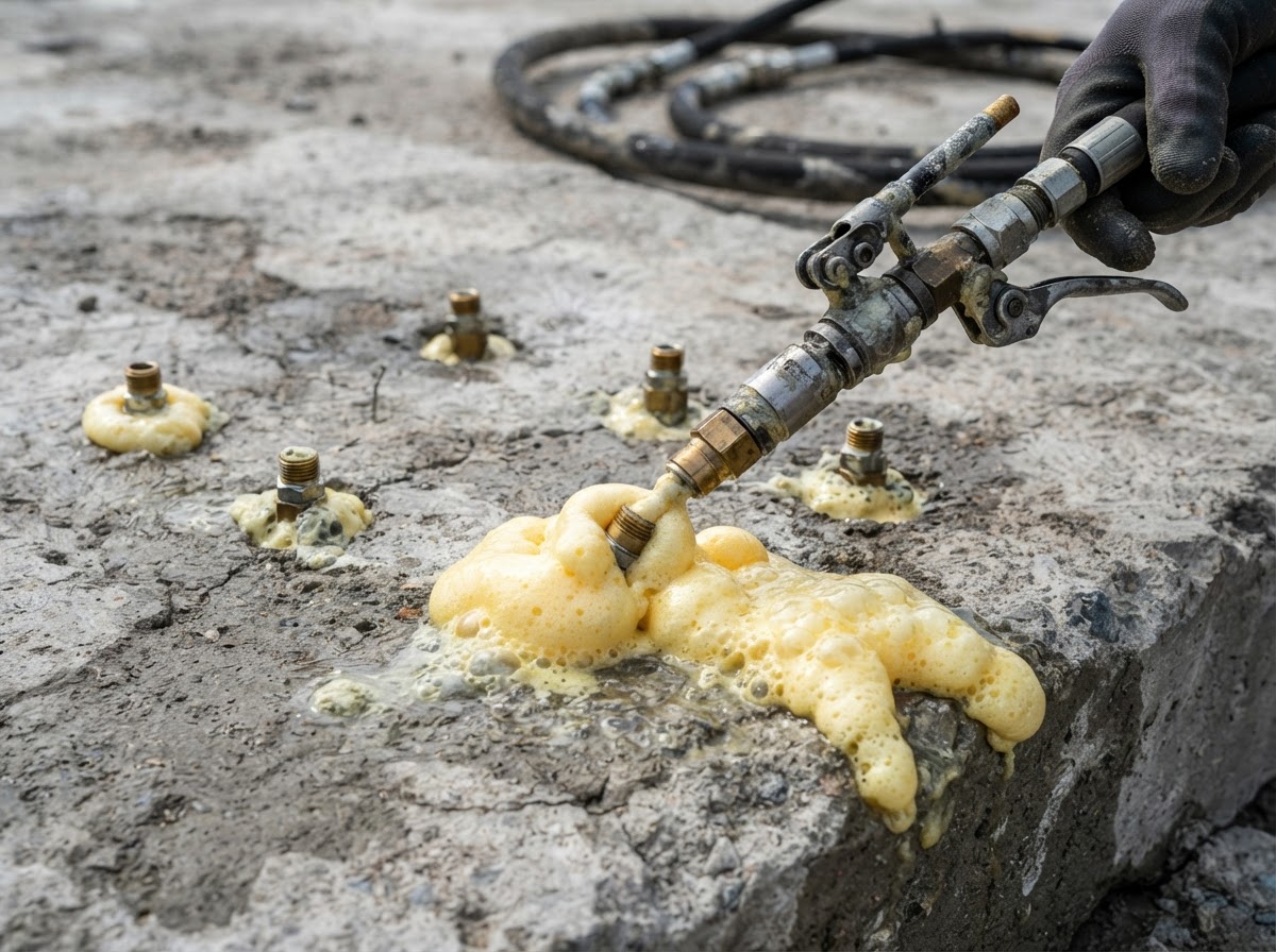 Polyurethane foam injection through small holes in a concrete driveway slab