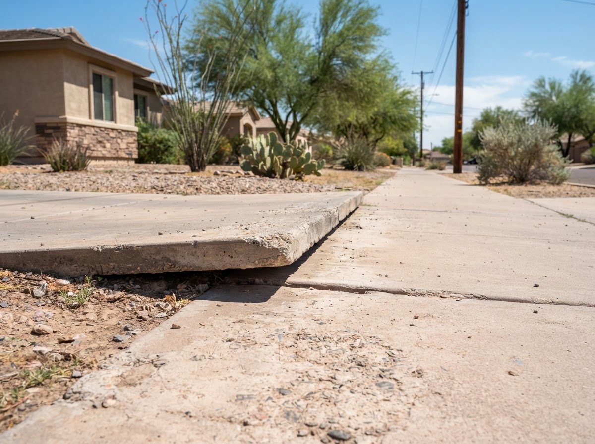 Concrete sidewalk panels with a raised trip-hazard lip at the joint