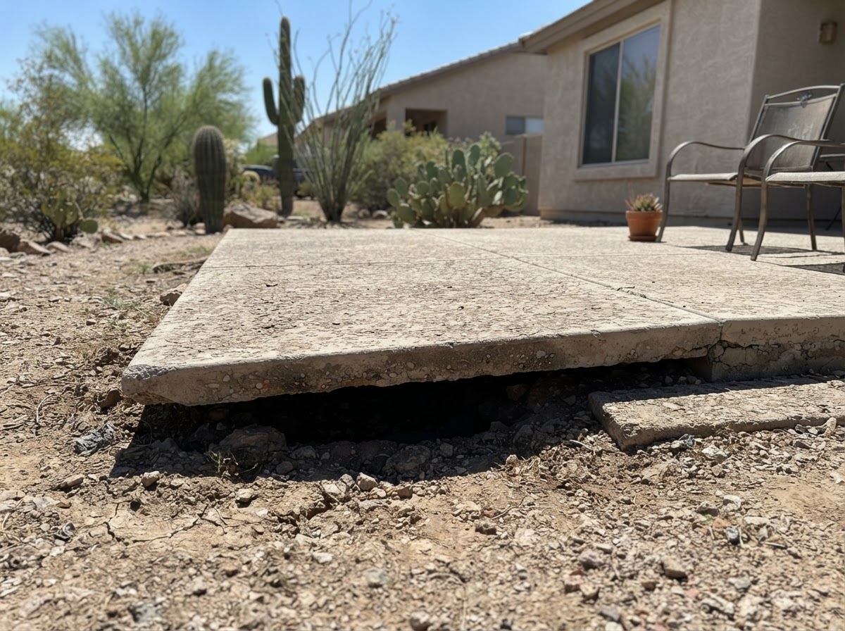 Settled backyard patio slab with a sunken corner in an Arizona yard