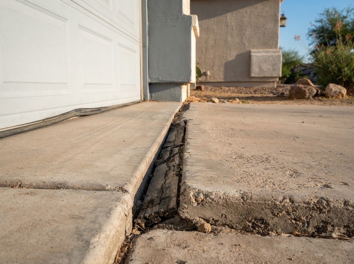 Driveway-to-garage transition showing a settled panel gap at a Queen Creek home