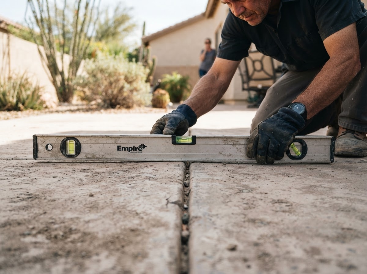 Technician measuring a backyard patio slab elevation with a straight-edge level tool