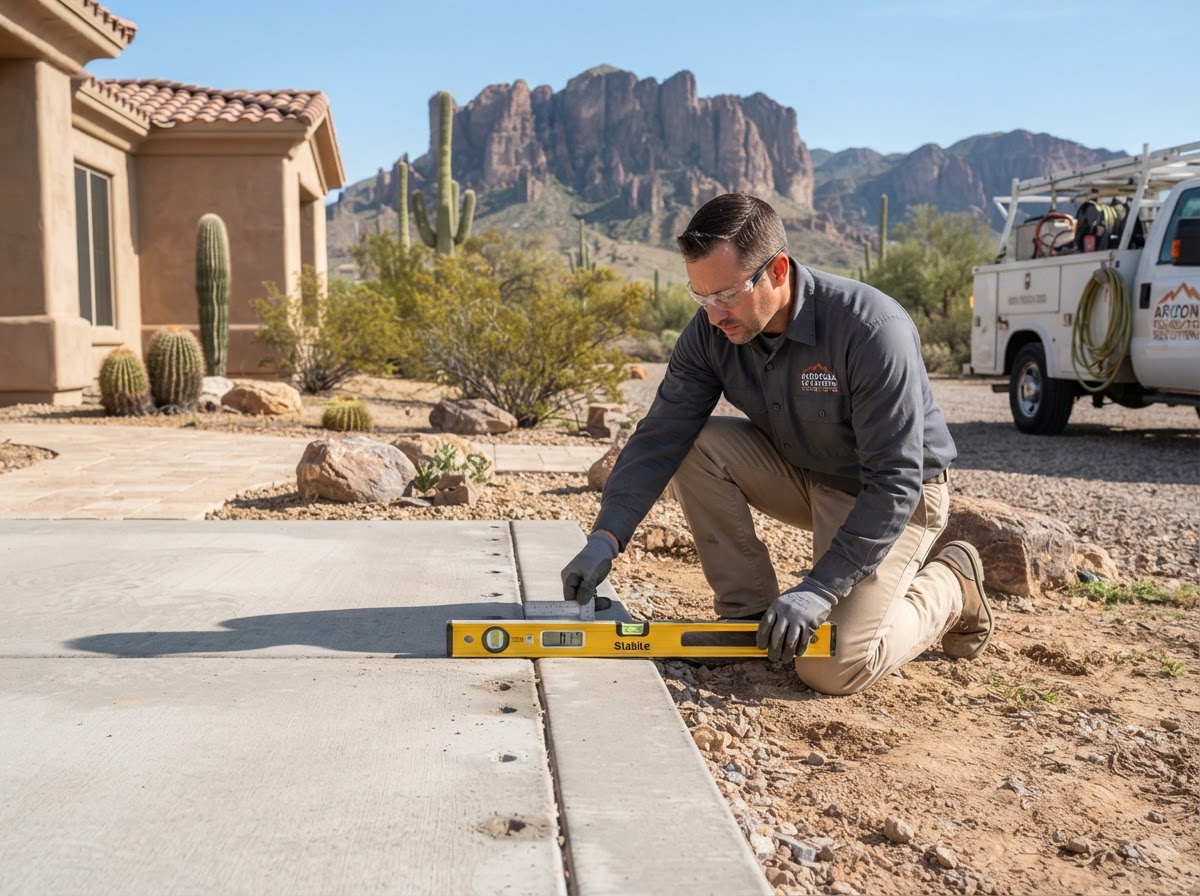 Technician reviewing slab elevation and support after stabilization near Apache Junction