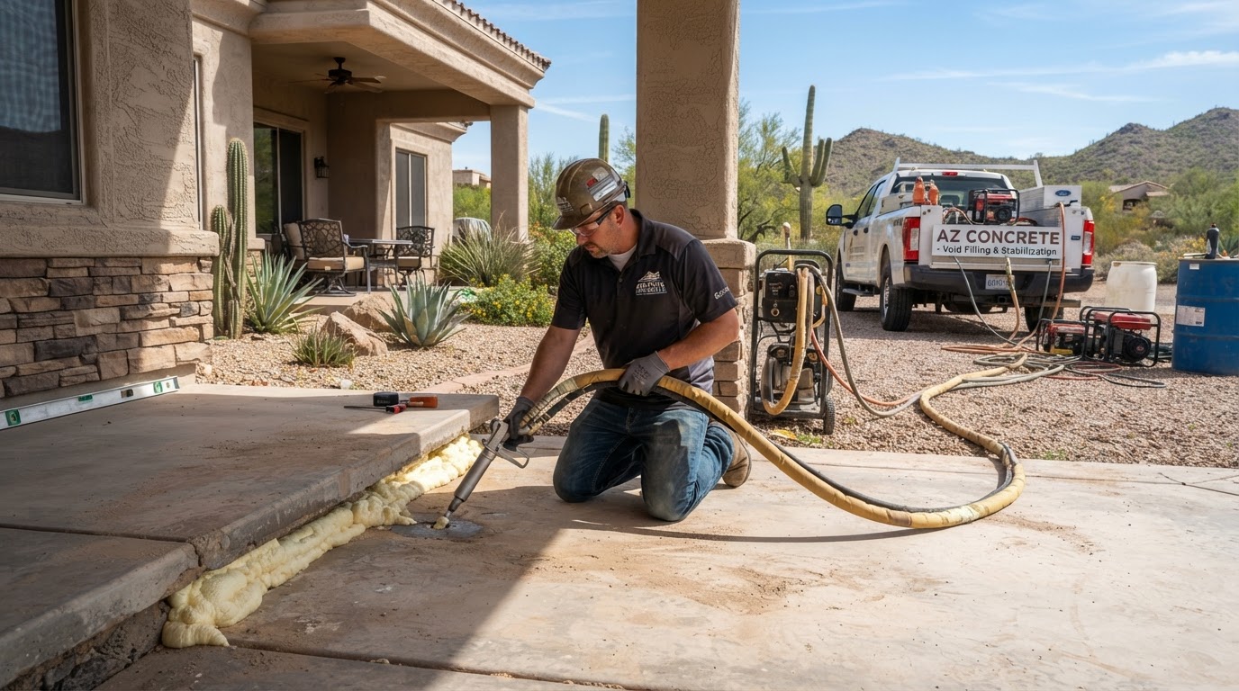Polyurethane foam injection equipment being used to fill a void beneath a concrete slab in a controlled work scene