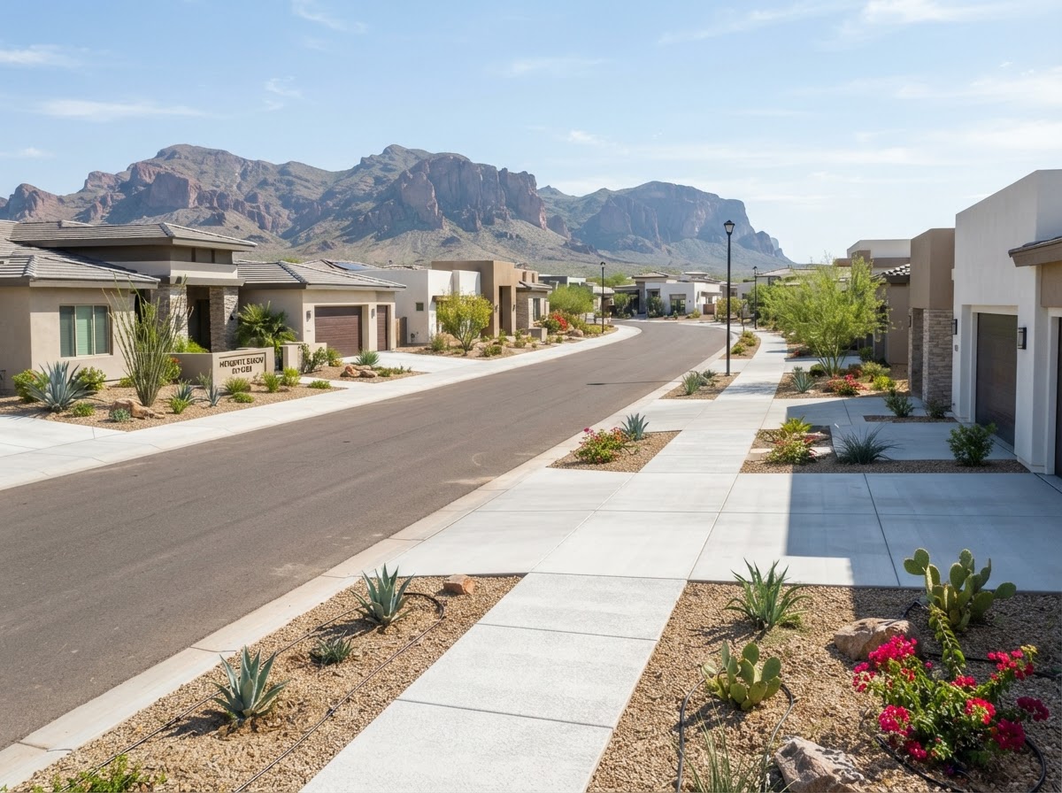 Mesa residential streetscape with concrete driveways and sidewalks in a mixed-age neighborhood