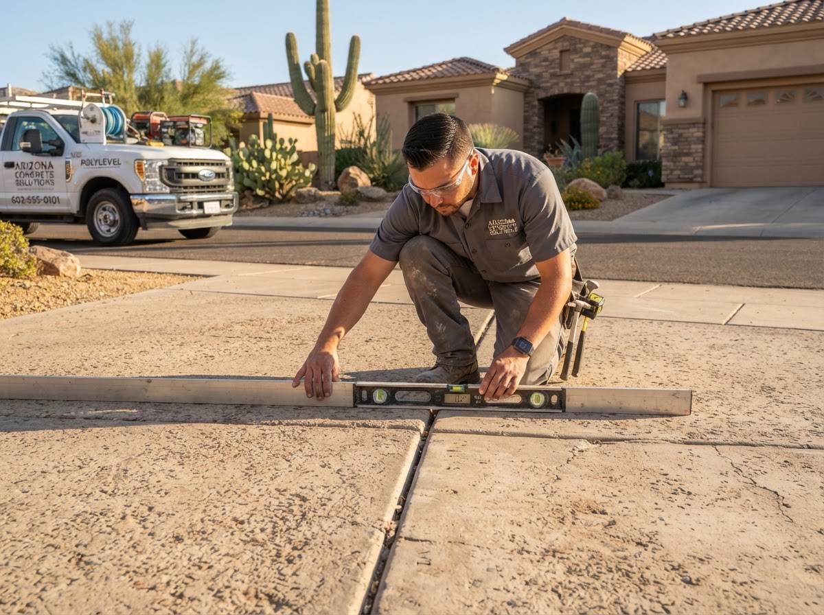 Technician checking driveway panel elevation at a Queen Creek property
